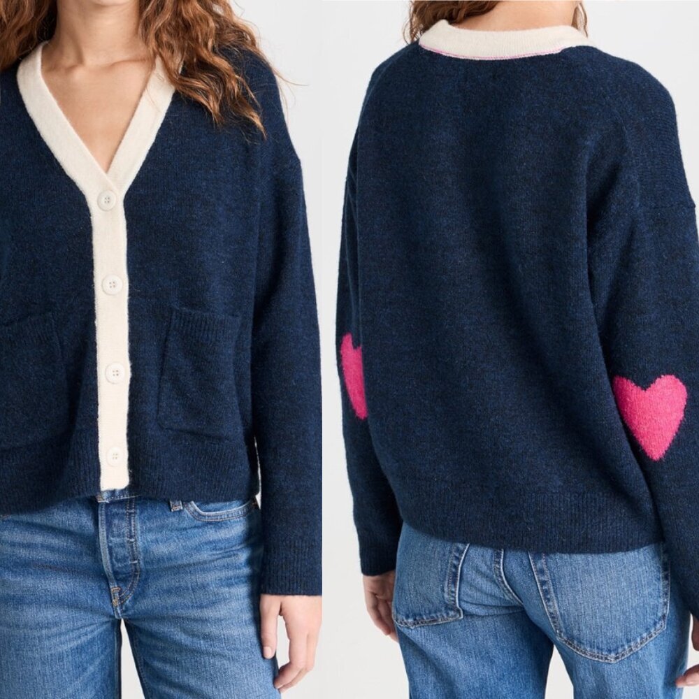 Sundry Navy Pink Heart Boxy Cardigan Sweater Blue Cream Small